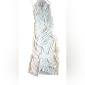 Windsor White Ruched Bodycon Midi Dress Side Slit Rhinestone Size L